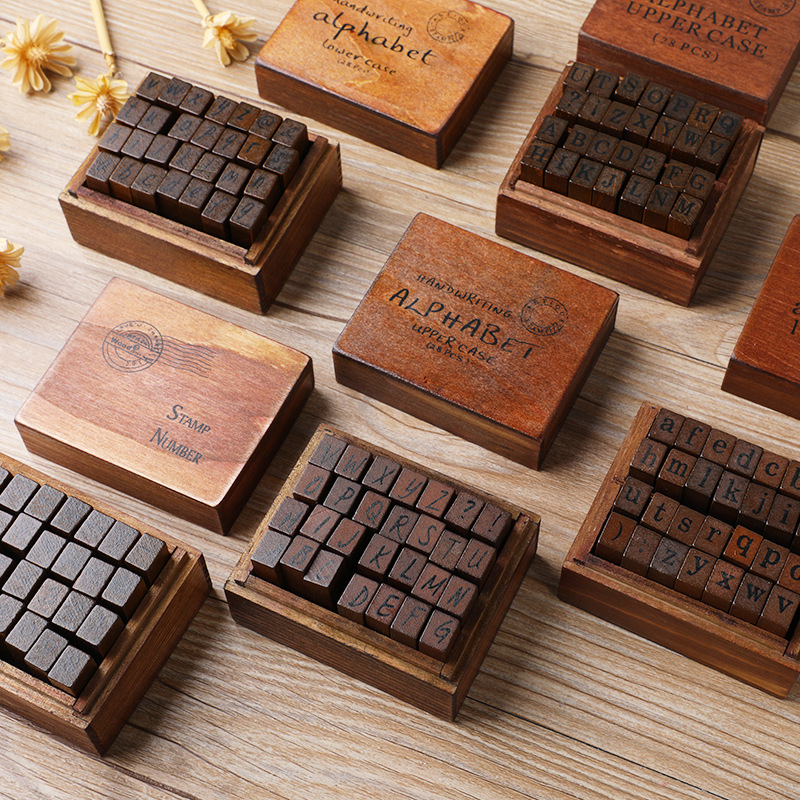 Box Art And Craft - 28Pcs/Box Alphabet Stamps Vintage Wooden Rubber